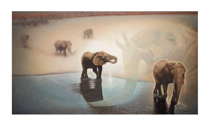 A oil painting depicting a young elephant hearkening to ancestral wisdom.